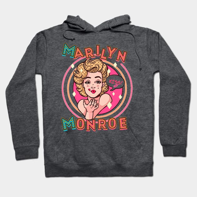 Marilyn Monroe kisses. Drawing of Marilyn blowing kisses. Letters with Hollywood style lights. Hoodie by Rebeldía Pura